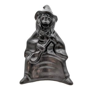 Vintage Witch w Spoon Matte Black Ceramic for Halloween Cauldron/Candy Dish